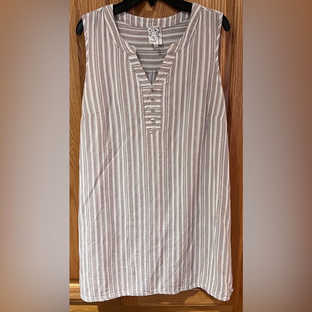 Naif by Anthropologie Beige & White Stripe‎ Rayon/Linen Sleeveless Dress Medium